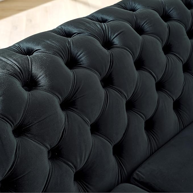 KEIKI 106" L-Shaped Luxury Velvet Chesterfield Sectional Sofa with Gold Stainless Steel Accents and 5 Pillows, Mid-Century Oversized 5-Seater Button Tufted Couch, Easy Assembly, for Living Room, Black