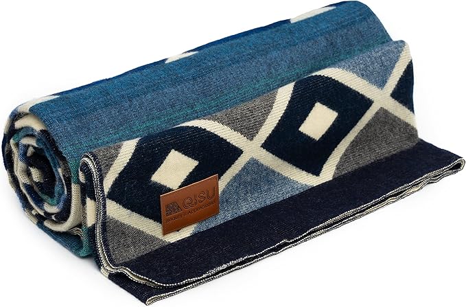 QISU Wool Blanket Throw | Large, Beautiful, Warm, Soft, Handmade in Ecuador by Local Artisans |94″ x 78″| Ultra-Soft, Hypoallergenic & Breathable | Non-Itchy or Scratchy Fabric (Blue Pyramid)