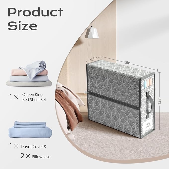 Yecaye 6 Pack Sheet Organizers and Storage with Clear Window and Label, Foldable Bed sheet Organizer for Linen Closet, Fabric Bedding Storage Box for Duvet Covers, Pillowcases, Queen & King Size, Grey