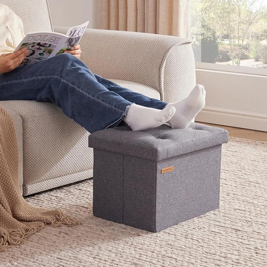 HAUSFRAU Ottoman with Storage Foot Rest Stool, Small Folding Footrest, Tufted Square Cube Seat for Living Room, Bedroom, Dorm, 12.2" x 16.5"x 12.2", Linen Grey