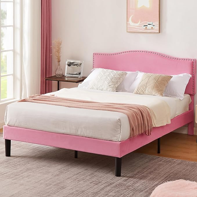 VECELO Queen Bed Frame, Platform Bed Frame with Adjustable Height Upholstered Headboard, Heavy-Duty Frame and Strong Wooden Slats Support, Non-Slip and Noise-Free, Easy Assembly, Pink