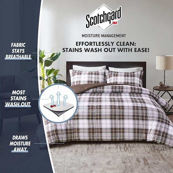 Madison Park Essentials Parkston Plaid Comforter, Matching Sham, 3M Scotchguard Stain Release Cover, Hypoallergenic All Season Bedding-Set, Twin/ Twin XL, Brown, 2 Piece