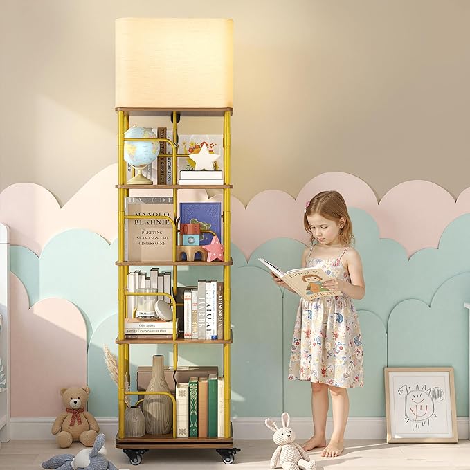 4 Tier Rotating Bookshelf with LED Light 360° Swivel Bookcase with Wheels Space-Saving Tall Corner Shelf Square Floor Standing Shelf Metal and Wood Bookshelves for Bedroom Living Room Office