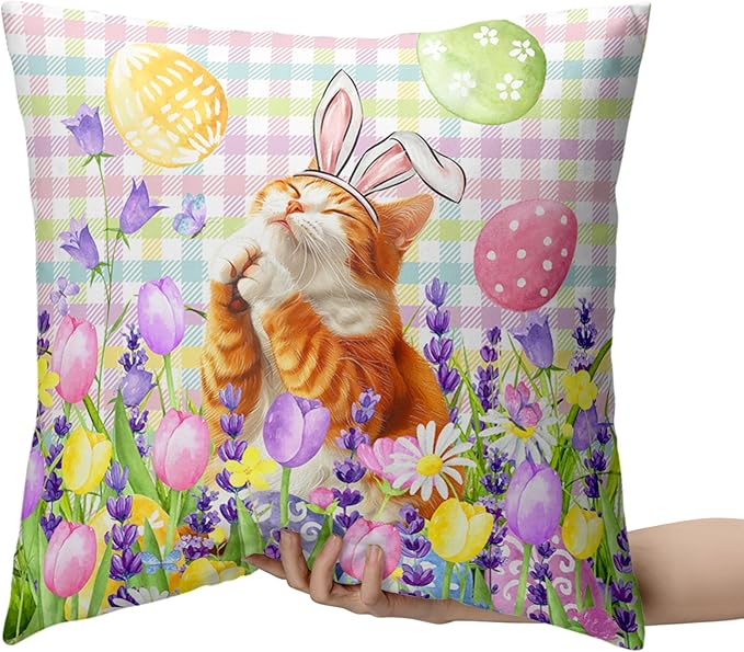 Spring Easter Pillow Covers 18x18 Set of 2 Lovely Cow Cat and Ginger Cat Wearing Bunny Ears Throw Pillow Covers Tulip Floral Pillow Case for Easter Decoration Sofa Patio Garden