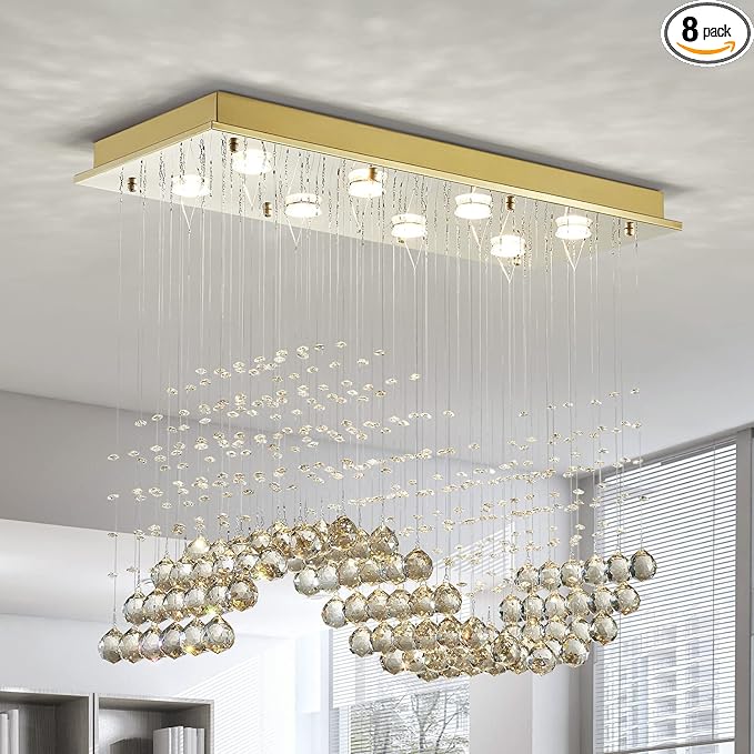 Saint Mossi 22019 8-Lights Modern K9 Crystal Chandelier Light Fixture, Raindrop Chandelier for Bedroom,Living Room,Dining Room, L30 x W12 x H26, Champagne Crystal & Light Gold Canopy