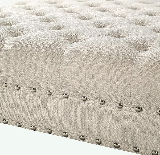 24KF Large Square Upholstered Tufted Button Linen Ottoman Coffee Table, Large Footrest Bench with Casters Rolling Wheels-Ivory