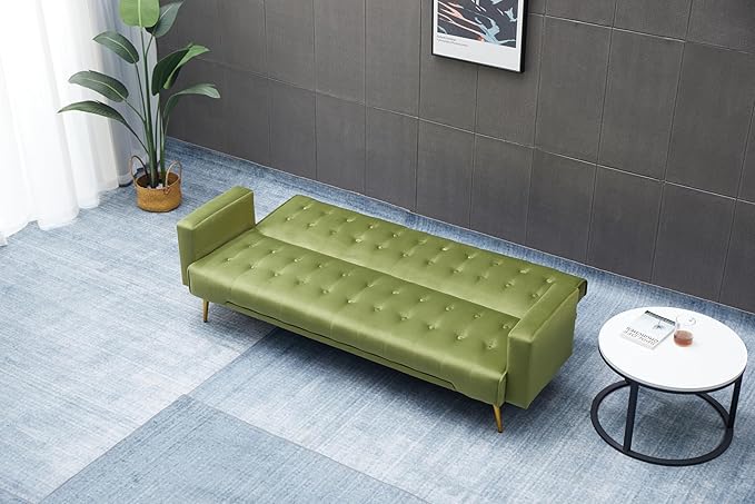 Eafurn Convertible Futon Sofa Bed, 75″Velvet Fabric Futons Loveseat Couch with Adjustable Backrest, Folding Sleeper Recliner Daybed for Living Room Furniture | Golden Legs, Wood Frame