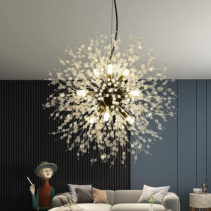 CM MZY Modern Crystal Chandeliers Firework, 9-Light Black Dandelion Sputnik Ceiling Light Fixtures, Sputnik Chandelier Pendant Light for Bedroom Living Room Dining Room Kitchen Island Hallway