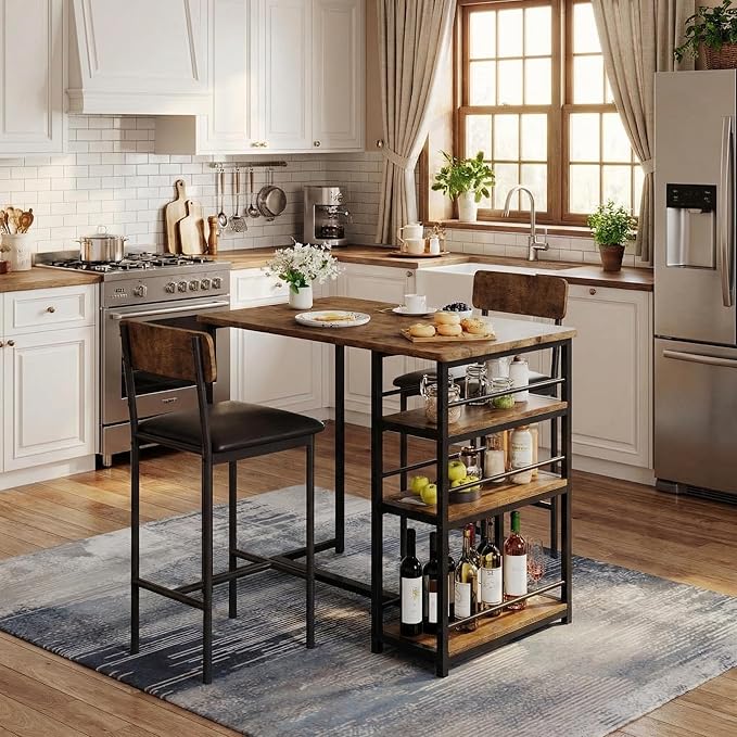 IDEALHOUSE Dining Table Set for 2, Counter Height Kitchen Table and Chairs, Bar Table Set with 2 Upholstered Bar Stools, 3 Piece Dining Room Table Set for Small Space, Apartment, Retro Brown