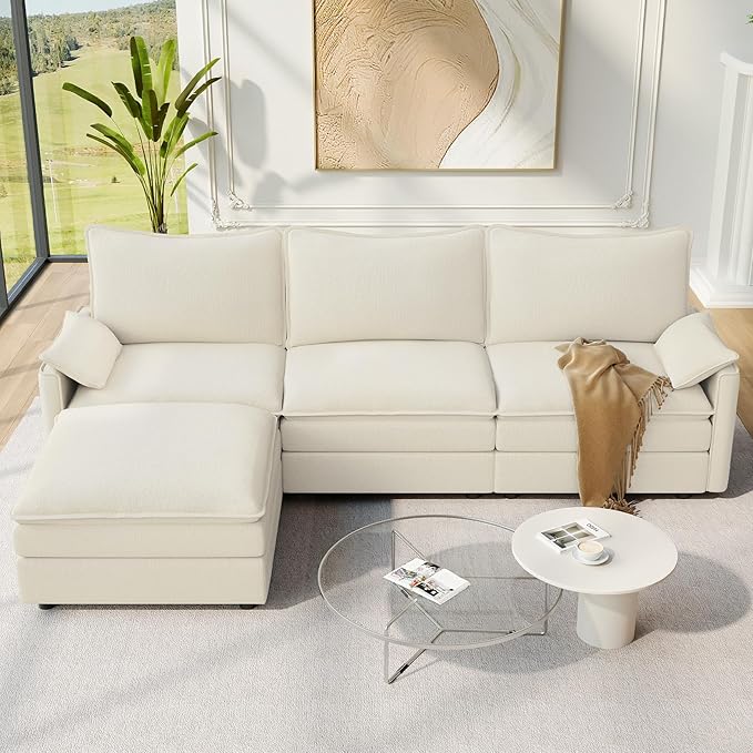 Vesgantti 108" Modular Sectional Sofa, Comfy Cloud Couch with Movable Ottoman Deep Seat Chenille L Shaped Modular Sofa, Sectional Couches for Living Room, Bedroom and Apartment, Beige White | Sink-in Comfort, Height Adjustable, Easy Rearrangement, Extr...