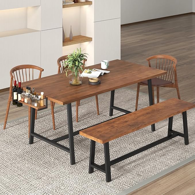 GOFLAME Dining Table for 5-7 People, 72” Large Wooden Kitchen Table with Wine Rack and Spice Rack, Rectangular Dinner Table with Metal Frame for Dining Room, Living Room, Walnut