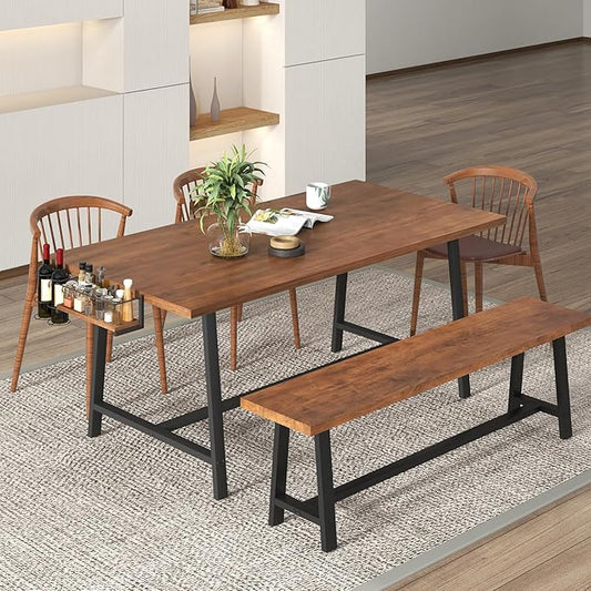 GOFLAME Dining Table for 5-7 People, 72” Large Wooden Kitchen Table with Wine Rack and Spice Rack, Rectangular Dinner Table with Metal Frame for Dining Room, Living Room, Walnut