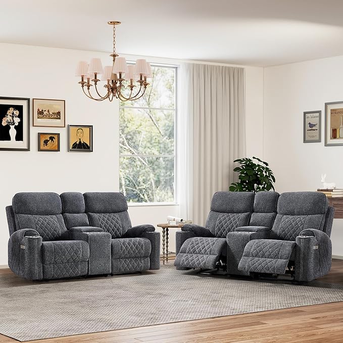HAOMARKETS Power Reclining Loveseat Sofa Set of 2 with USB & Type-C Charging Port, Breathable Fabric 2-Seater Electric Recliner Couch with Cup Holders & Storage Console for Living Room, Dark Grey