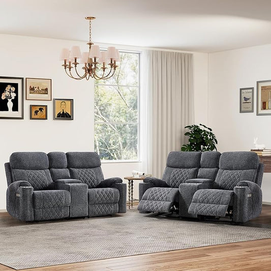 HAOMARKETS Power Reclining Loveseat Sofa Set of 2 with USB & Type-C Charging Port, Breathable Fabric 2-Seater Electric Recliner Couch with Cup Holders & Storage Console for Living Room, Dark Grey