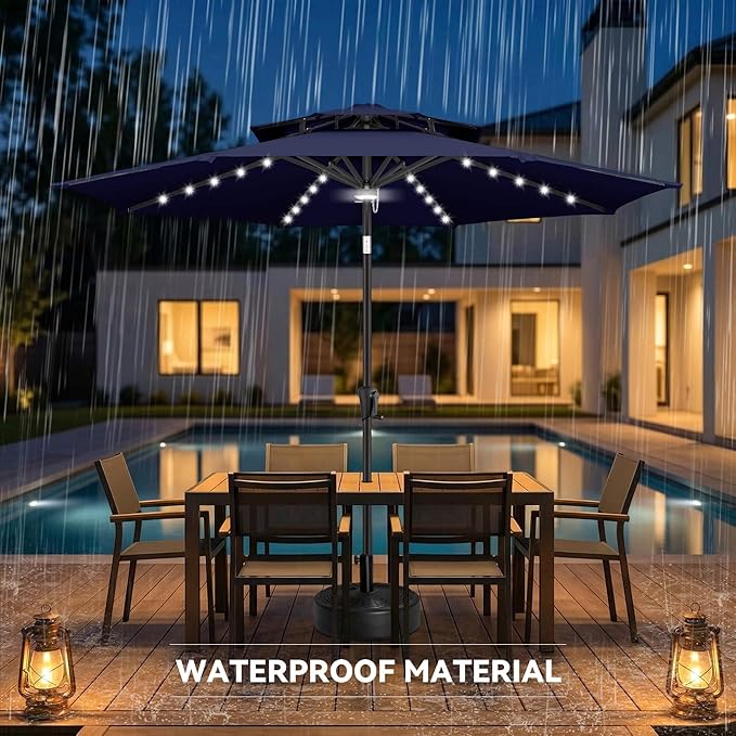 9ft Solar Umbrella Outdoor - 2 Tiers Lighted Solar Patio Umbrella with 40 LED Lights Waterprool UV Protection, Table Umbrella with Tilt for Pool, Porch, Garden, Backyard (Navy Blue)