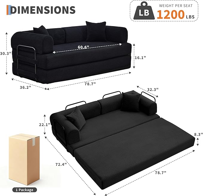 GarveeHome 79" Convertible Sleeper Sofa Bed Couch, 4-in-1 Boneless Corduroy Folding Sofa Bed with Pillow & Fixed-Shape, Floor Mattress Couch Loveseat for Living Room Apartments - No Assembly, Black