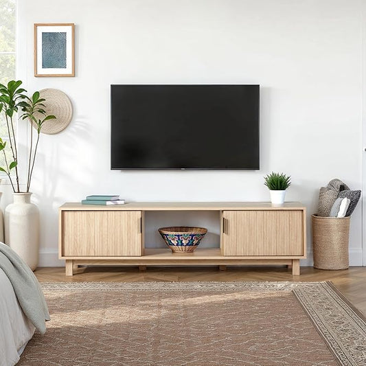 Walker Edison Arundo Fluted TV Stand for TVs up to 65 Inches, 58" TV Stand, Coastal Oak