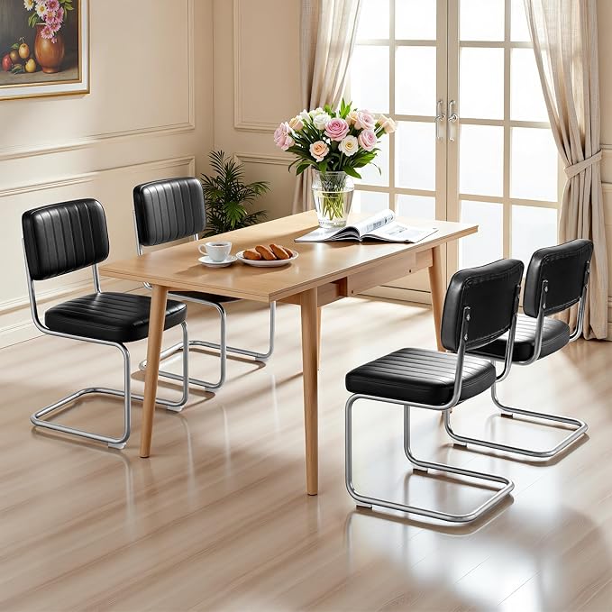 CangLong Faux Leather Dining Chairs Set of 2, Modern Upholstered Dining Room Chairs Armless Accent Chairs with Comfy Seat & Backrest, Black Metal Legs for Living Room, Cafe, Black