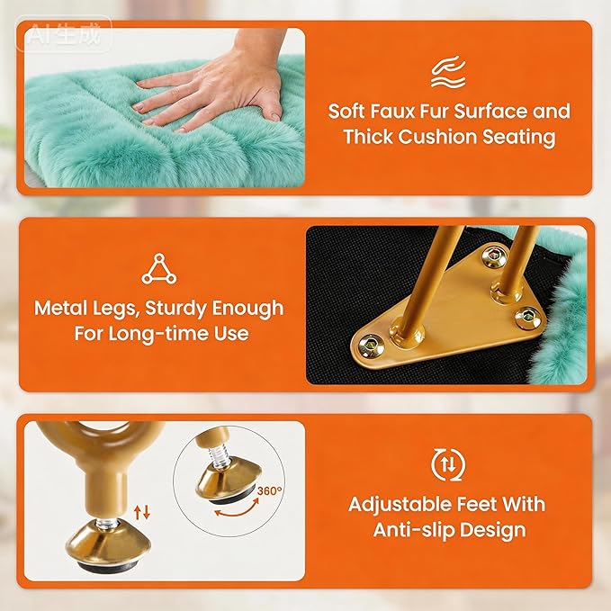DUMOS Vanity Stool Chair, Ottoman with Storage, Makeup Cute Soft Small Footstool, Modern Style Faux Fur Seat with 4 Metal Legs & Adjustable Feet for Dressing, Living Room, Bedroom, Dorm, Green