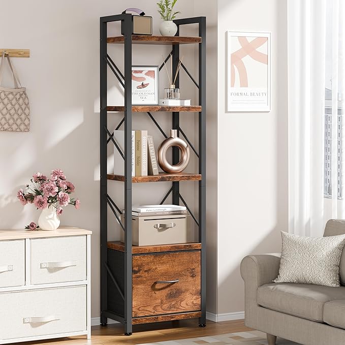 Shintenchi Bookshelf, 5 Tier Bookcase with Drawer, Modern Tall Bookshelves Storage Organizer, Industrial Book Shelves for Bedroom, Living Room, Office, Rustic Brown