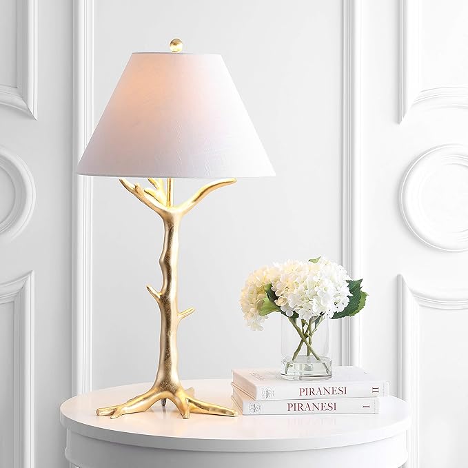 JONATHAN Y 33.5" Gold Leaf Resin LED Table Lamp, Glam Transitional Nature-Inspired Design for Living Room Bedroom Nightstand, White Linen Shade, LED Bulb Included, UL Listed JYL3069A
