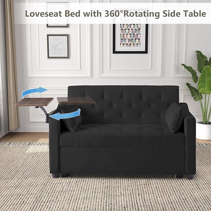 Yafylly 3 in 1 Loveseat Sleeper, 3-Level Adjustable Backrest Convertible Sofa Bed, Pull Out Couch with 360° Rotating Side Table for Living Room, Apartment, Bedroom, Black