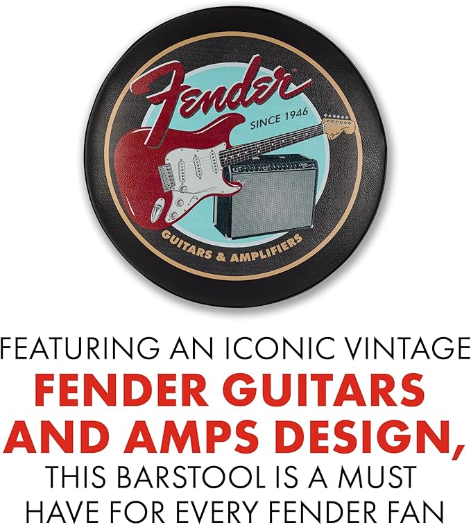 Fender Guitars & Amps Logo Swivel Barstool with Guitar Picks Pouch, Great Gifts for Dad, with 1 Year Limited Warranty, Simple Assembly, Black/Black, 30"