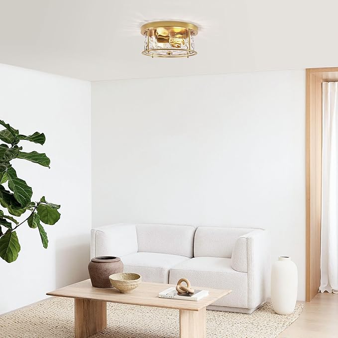 LamQee Flush Mount Ceiling Light with Clear Hammered Glass, Industrial 2-Lights Farmhouse Close to Ceiling Light Fixtures Round Low Profile Lights for Kitchen Hallway Foyer Entrance Bedroom Gold