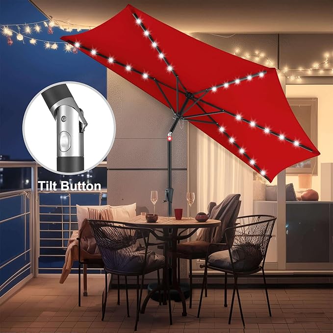 9ft Solar Half Umbrellas Outdoor - LED Half Patio Umbrella with 25 Lights, UV Protection Waterprool, Half Round Umbrella for Wall Balcony, Pool, Porch, Garden, Deck, Backyard, Red