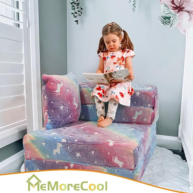 MeMoreCool Glow Rainbow Unicorn Tri-fold Sofa Bed for Kids, Foldable Futon Mattress, Chair, and Floor Couch for Playroom