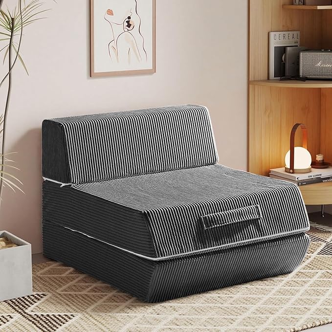 Trenda Folding Sofa Bed, 16lbs Convertible Sleeper Chair with Removable Back Pillow & Handle, Washable Cover Solid Foam Fold Out Chair Bed for Living Room, Apartment, Guest, Single, Dark Grey
