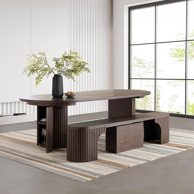 Transformer Table - Solid Wood Extendable Round Dining Table Set with Bench, Seats 4-10, Extendable Round Dining Set, Seat with Hidden Panel Storage, Dark Brown (Table + Bench)