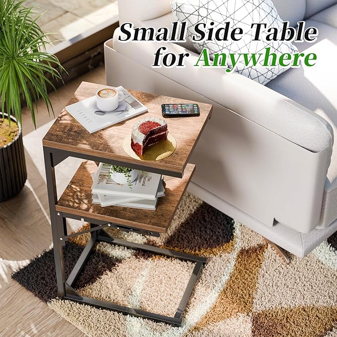 Simple Trending TV Tray Table, C Shaped End Table for Couch, Foldable Table with 2 Shelf Storage, for Sofa Bedside, Rustic Brown