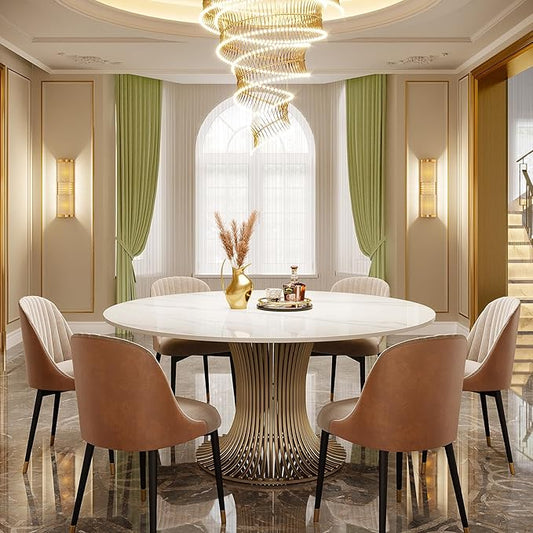 Tribesigns 59" Modern Sintered Stone Round Dining Table for 6-8, Luxury White Kitchen Table with Golden Stainless Steel Pedestal for Dining Room,Living Room (Only Table)