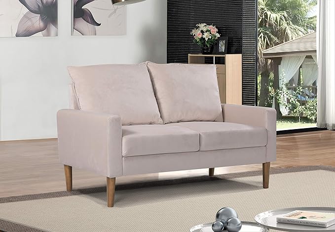 Container Furniture Direct Petit Mid Century Modern Velvet Loveseat for Small Spaces, Upholstered 2 Seater Couch for Living Room and Bedroom, Easy Assembly, White Ivory