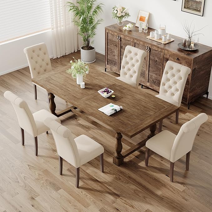 Upholstered Tufted Dining Room Chairs Set of 6, Parsons Kitchen Chairs with Padded Seat and Solid Wood Legs, Fabric Accent Side Diner Chair for Dining Room/Kitchen/Living Room, Beige