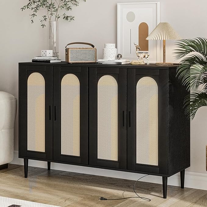 Rattan Sideboard Buffet Cabinet, Boho Accent Storage Cabinet, 4 Doors Console Table Coffee Bar with Power Outlet, Adjustable Shelves for Kitchen, Dining Room, Hallway, Living Room