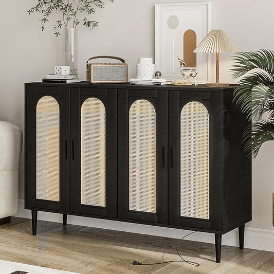 Rattan Sideboard Buffet Cabinet, Boho Accent Storage Cabinet, 4 Doors Console Table Coffee Bar with Power Outlet, Adjustable Shelves for Kitchen, Dining Room, Hallway, Living Room