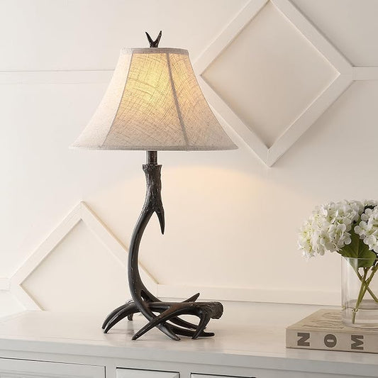 JONATHAN Y 27.5" Black Antler Rustic Resin Table Lamp for Living Room Bedroom, Light Grey Linen Shade, Farmhouse Lodge Nightstand Lamp, LED Bulb Included (JYL6305C)