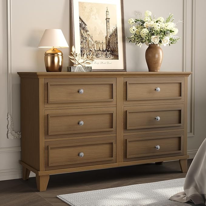 GAOMON Dresser for Bedroom, 6 Drawer Wide Dresser Storage Organizer, Modern Wooden Chest of Drawers with Metal Handles for Hallway, Entryway, Home Office, Brown