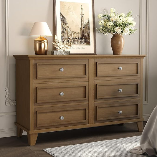 GAOMON Dresser for Bedroom, 6 Drawer Wide Dresser Storage Organizer, Modern Wooden Chest of Drawers with Metal Handles for Hallway, Entryway, Home Office, Brown