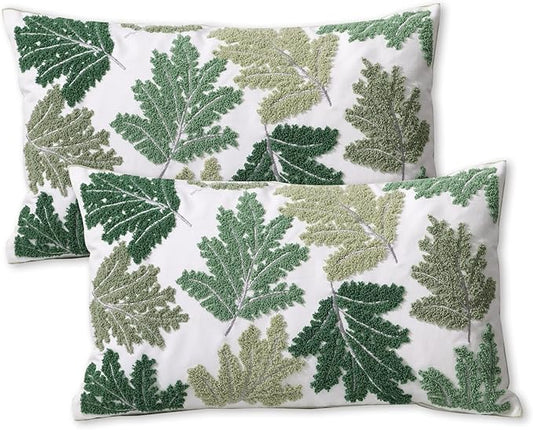 Set of 2 Embroidered Decorative Throw Pillow Covers Couch Square Pillowcases Cushion for Bedroom Sofa Farmhouse Decor 18x18 Inch (Green Maple Leaf-Lumbar)