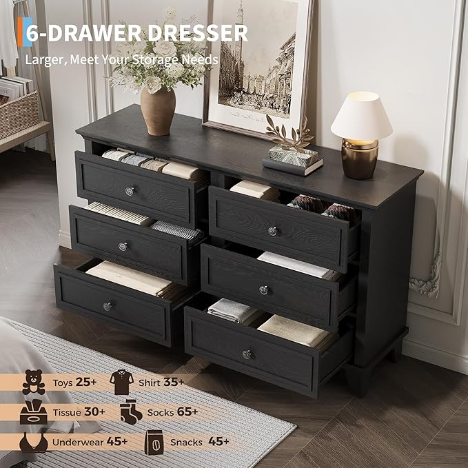 GAOMON Dresser for Bedroom, 6 Drawer Wide Dresser Storage Organizer, Modern Wooden Chest of Drawers with Metal Handles for Hallway, Entryway, Home Office, Black