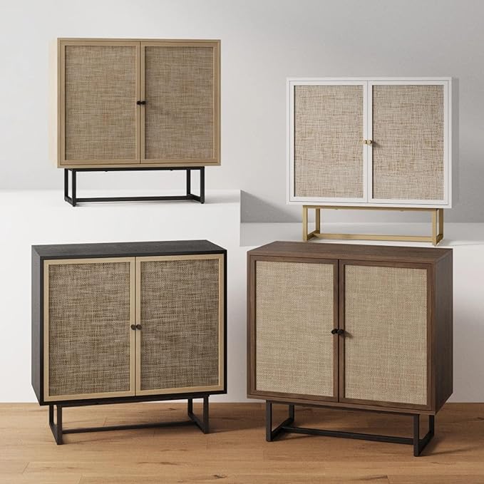 Nathan James Kova Rattan Wood Accent Natural Sideboard Storage Cabinet TV Stand with Matte Metal Frame, Adjustable Shelves and Cane Doors, for Hallway, or Living Room, White/Cane/Brass, Set of 4