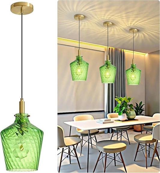 Modern Stripes Green Glass Pendant Lighting for Kitchen Island 1 Pack, Farmhouse Gold Pendant Light Fixtures, Height Adjustable Ceiling Pendant Light, 8 Inch