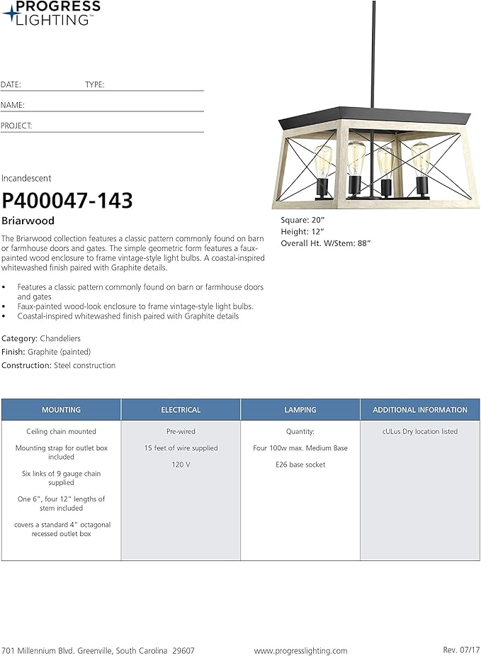 Progress Lighting 4 Light Chandelier, Rustic Farmhouse Style Modern Hanging Light Fixture for Kitchen and Dining Room, Briarwood Collection, Graphite