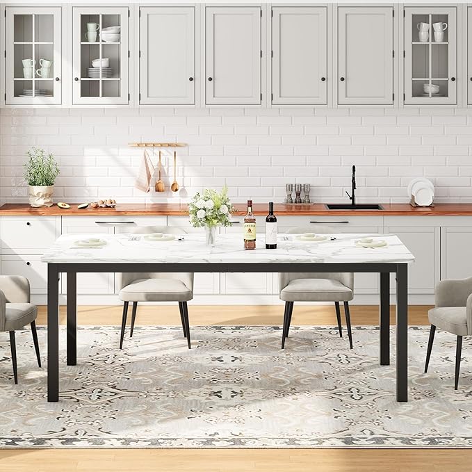 Garvee 79 in Dining Table for 6, Farmhouse Wooden Kitchen Tables for Family, Rectangular Industrial Style Dining Room Table with Sturdy Metal Frame, Long Desk for Restaurant, Kitchen, Office,White 2