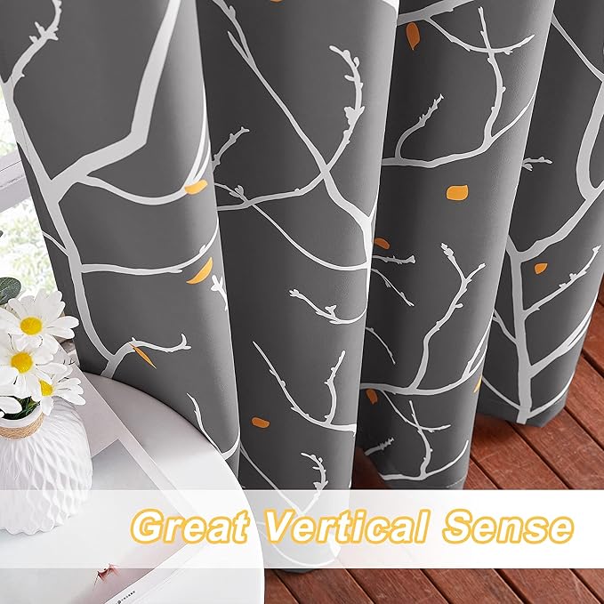 NICETOWN Room Darkening Ceiling to Floor Curtains, Decorative Modern Aesthetic Branches with Petals Triple Weave Material Thermal Insulated for Villa/Cottage, Grey, W52 x L95, 2 PCs