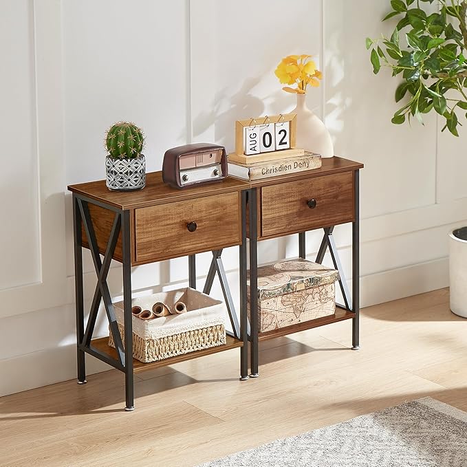 VECELO Nightstand,Modern Bedside End Table, Night Stand with Drawer and Storage Shelf for Living Room Bedroom, Industrial Metal Frame