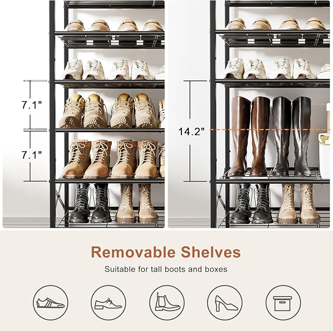 8-Tier Tall Shoe Rack Organizer Shoe Storage for Entryway 24-32 Pairs Metal Shoe Rack for Closet Heavy-Duty Shoe Rack with Wooden Top Shelf for Garage Rustic Brown